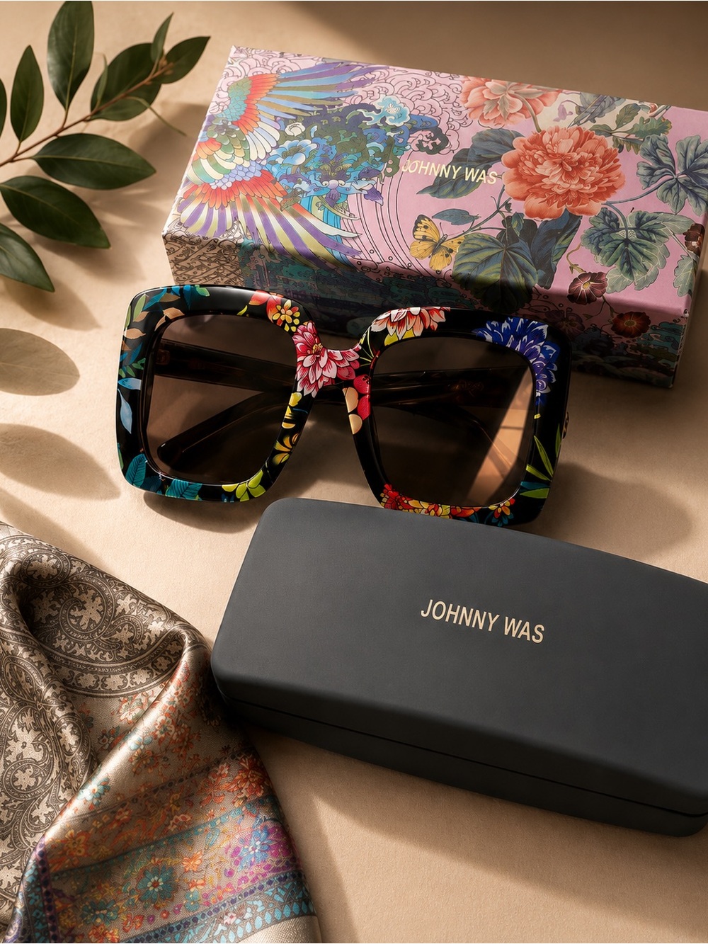 NWT Johnny Was Floral Square Sunglasses w Case & Cleaning Cloth